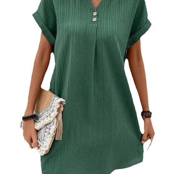 Cross-border European and American women's clothing 2023 new Amazon V-neck solid color pullover comfortable casual button dress