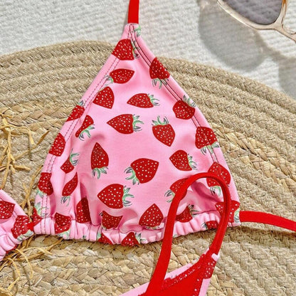 Women's Strawberry Print Bikini Sexy Triangle Bag Lace-up Swimsuit