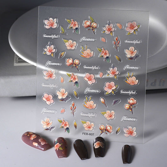 Japanese and Korean romantic cherry blossom nail stickers self-adhesive waterproof three-dimensional relief pink flower nail decals blush nail