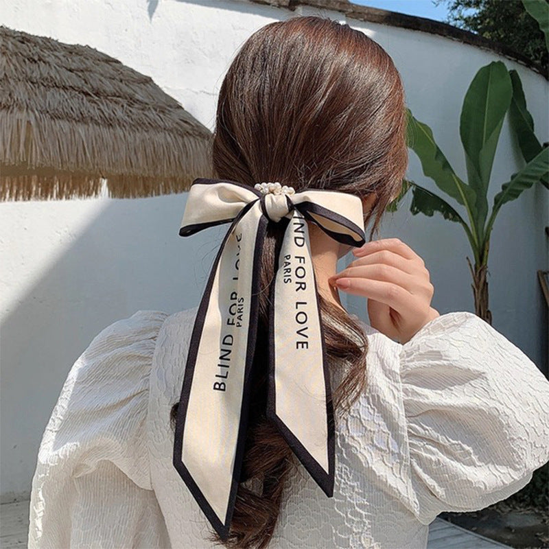 Pearl scarf headband female hair ring streamer net celebrity 2021 new summer thin hair tie ribbon headdress hair rope