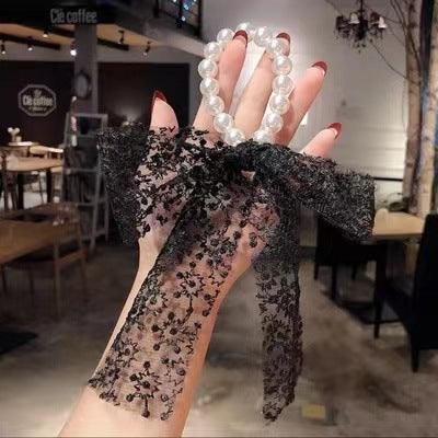Pearl scarf headband female hair ring streamer net celebrity 2021 new summer thin hair tie ribbon headdress hair rope