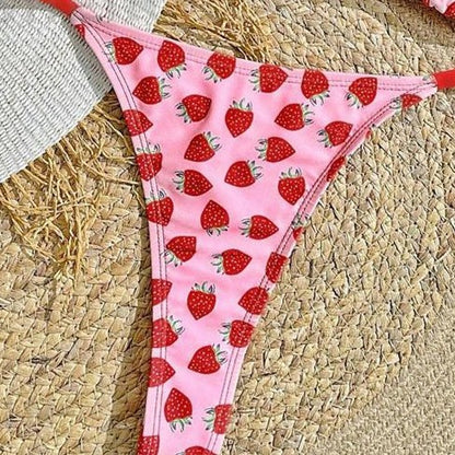Women's Strawberry Print Bikini Sexy Triangle Bag Lace-up Swimsuit