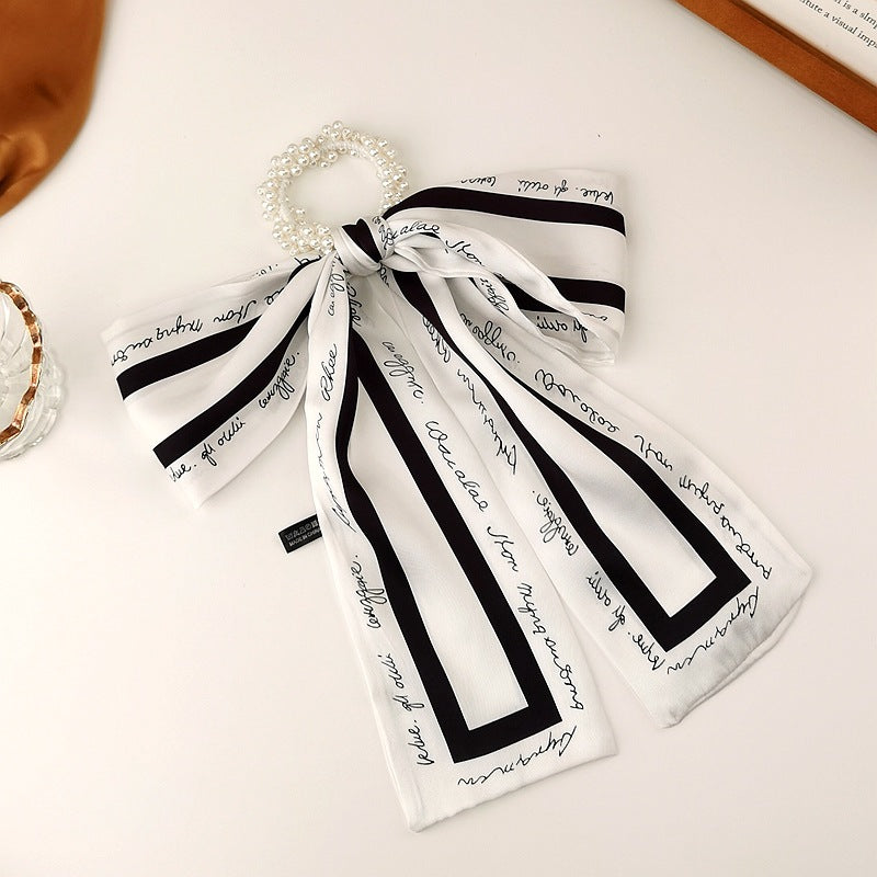Pearl scarf headband female hair ring streamer net celebrity 2021 new summer thin hair tie ribbon headdress hair rope
