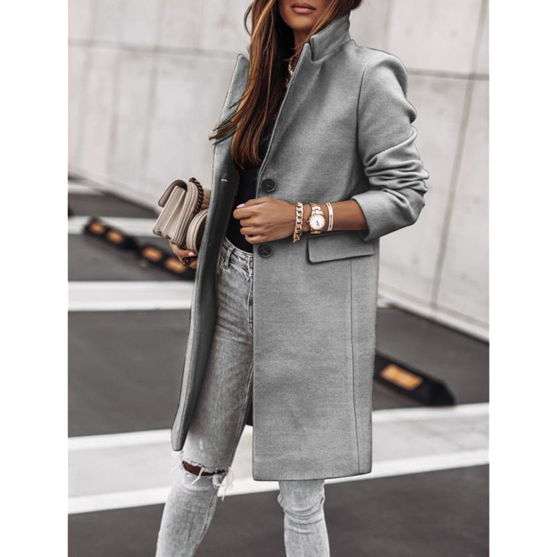 2021 independent station wish Amazon cross-border autumn and winter simple long-sleeved button woolen coat coat women's clothing