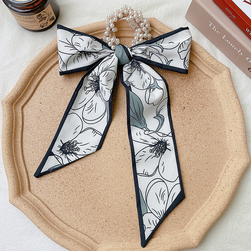 Pearl scarf headband female hair ring streamer net celebrity 2021 new summer thin hair tie ribbon headdress hair rope
