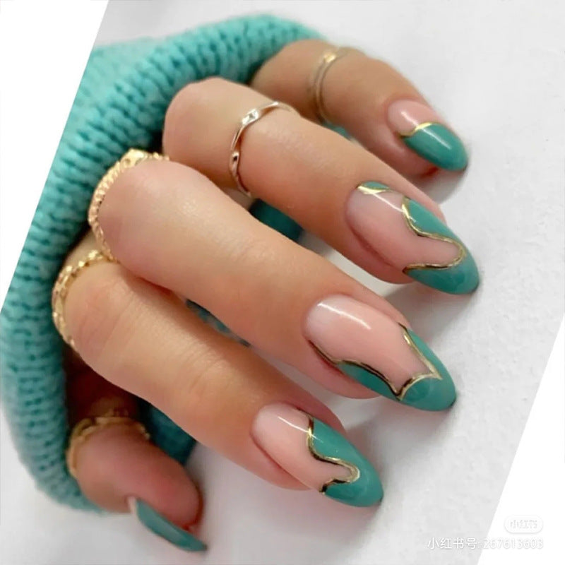 Factory foreign trade hot sale long round false nail patch, mint green gold thread wave splicing wearable nail products