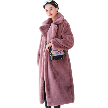 Suit collar coat with belt, imitation fur coat, extended lapel, large size women's clothing, imitation rabbit fur winter