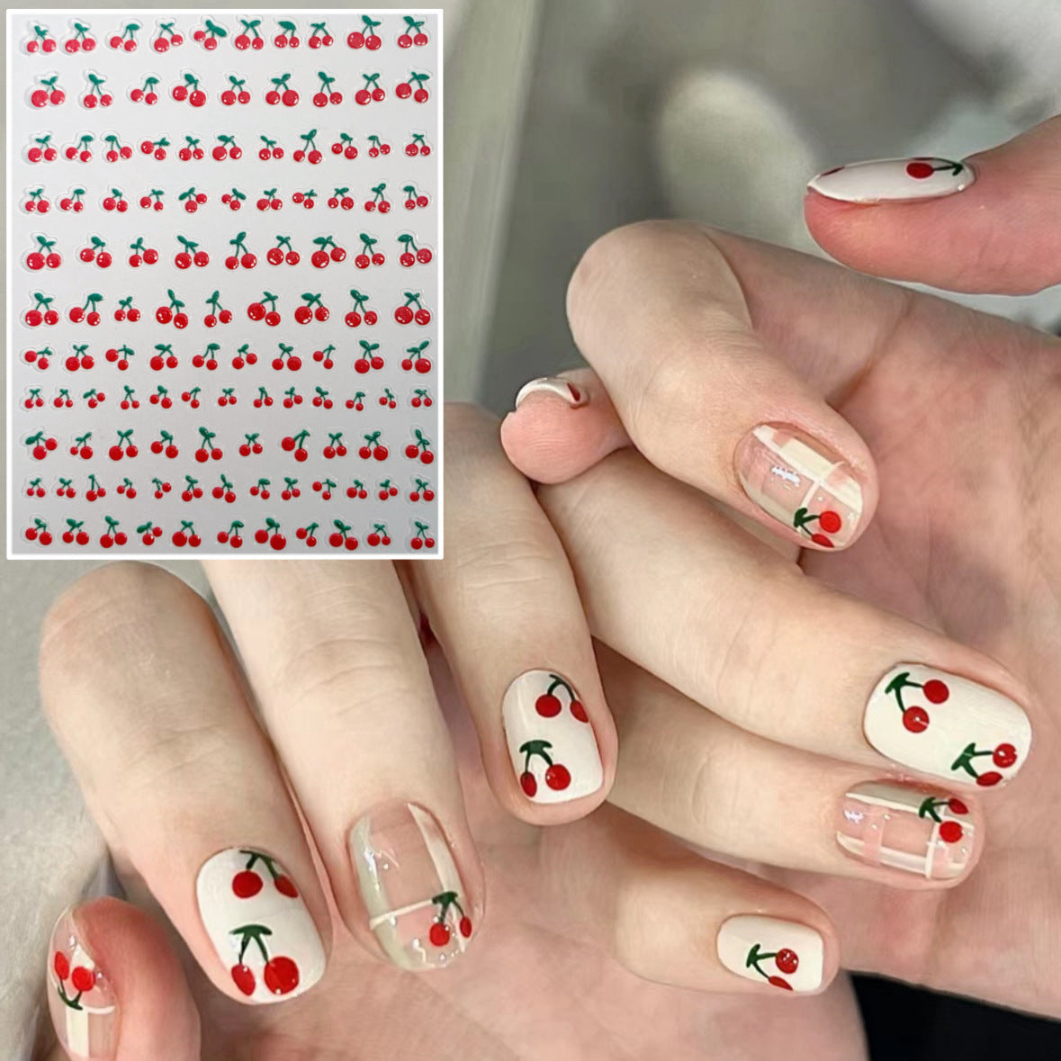 Xiaohongshu hot style cherry Hailey Jenny nail art bow New Year cherry fruit net red nail decal waterproof