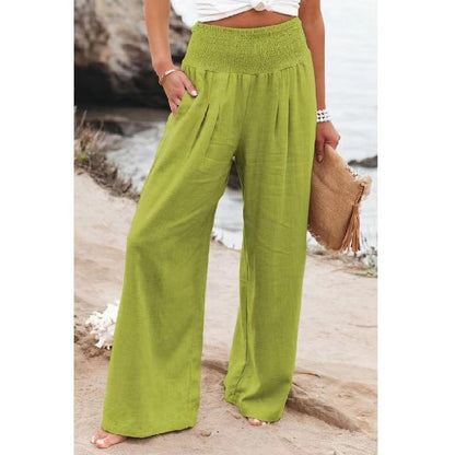 Cross-Border Independent Station Amazon 2023 Spring and Summer Women's Clothing Cotton Linen Pure Color Elastic Waist Wide Leg Pants Casual Pants Trousers