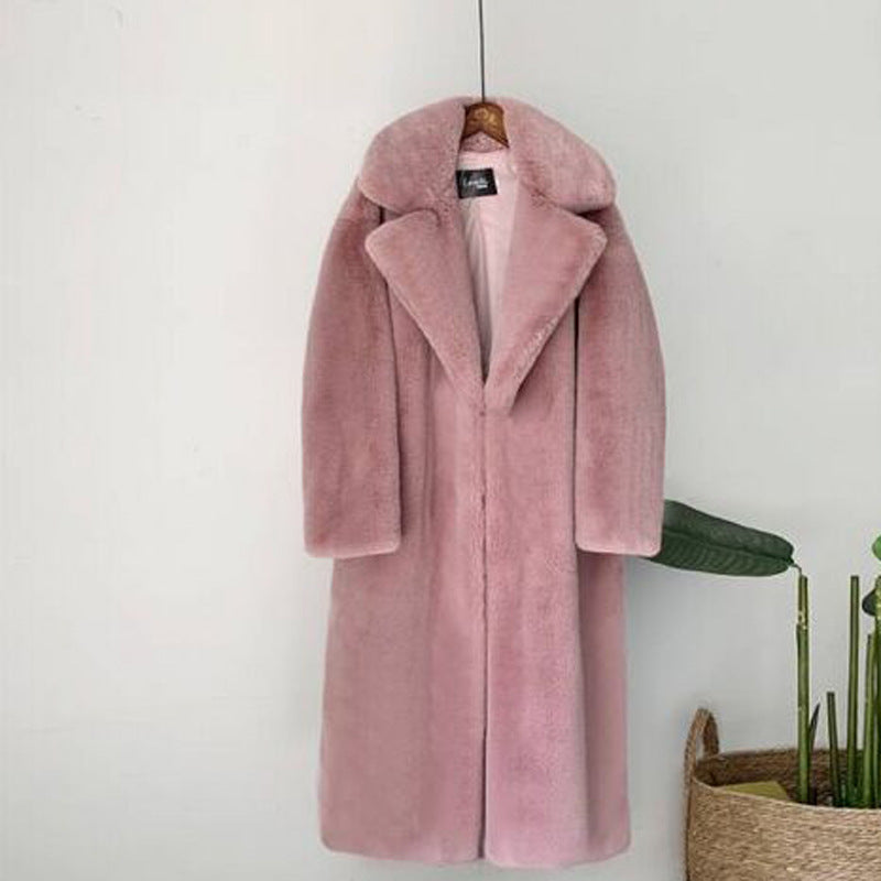 Suit collar coat with belt, imitation fur coat, extended lapel, large size women's clothing, imitation rabbit fur winter