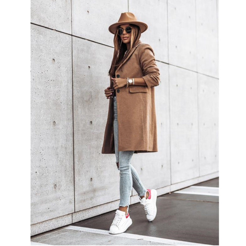 2021 independent station wish Amazon cross-border autumn and winter simple long-sleeved button woolen coat coat women's clothing