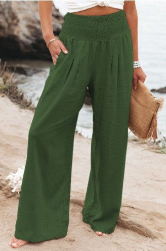 Cross-Border Independent Station Amazon 2023 Spring and Summer Women's Clothing Cotton Linen Pure Color Elastic Waist Wide Leg Pants Casual Pants Trousers