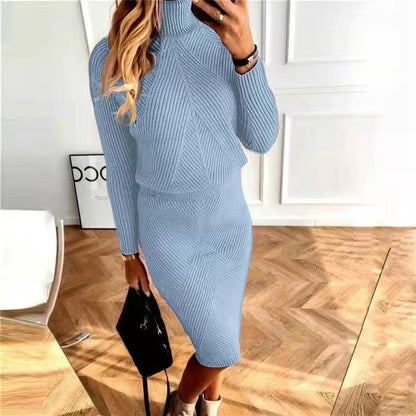 2023 Amazon wish new autumn and winter women's clothing European and American turtleneck knitted solid color pullover sweater suit skirt