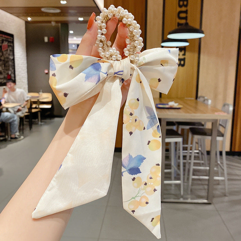 Pearl scarf headband female hair ring streamer net celebrity 2021 new summer thin hair tie ribbon headdress hair rope