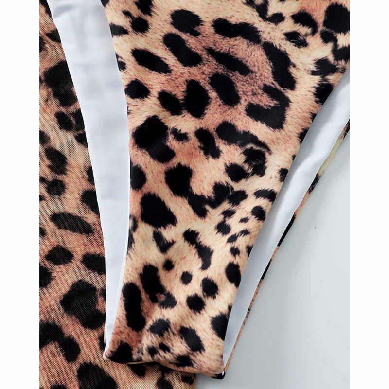 2025 New European and American Sexy Leopard Print Yarn Long Sleeve Sunscreen Three-piece Bikini AliExpress Beach Swimsuit