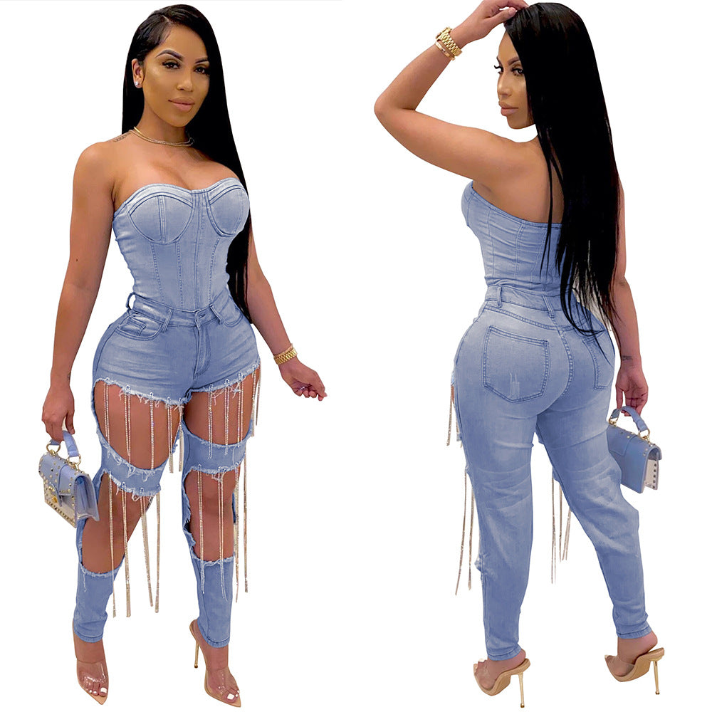 N003 AliExpress European and American new women's clothing chain, hand-worn, women's denim trousers, nightclub clothes