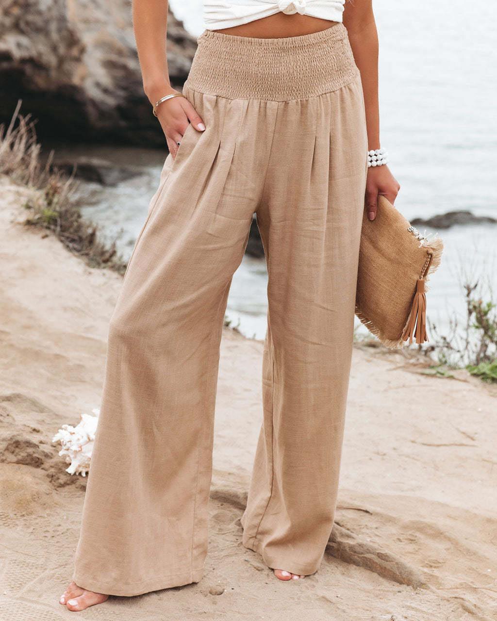 Cross-Border Independent Station Amazon 2023 Spring and Summer Women's Clothing Cotton Linen Pure Color Elastic Waist Wide Leg Pants Casual Pants Trousers