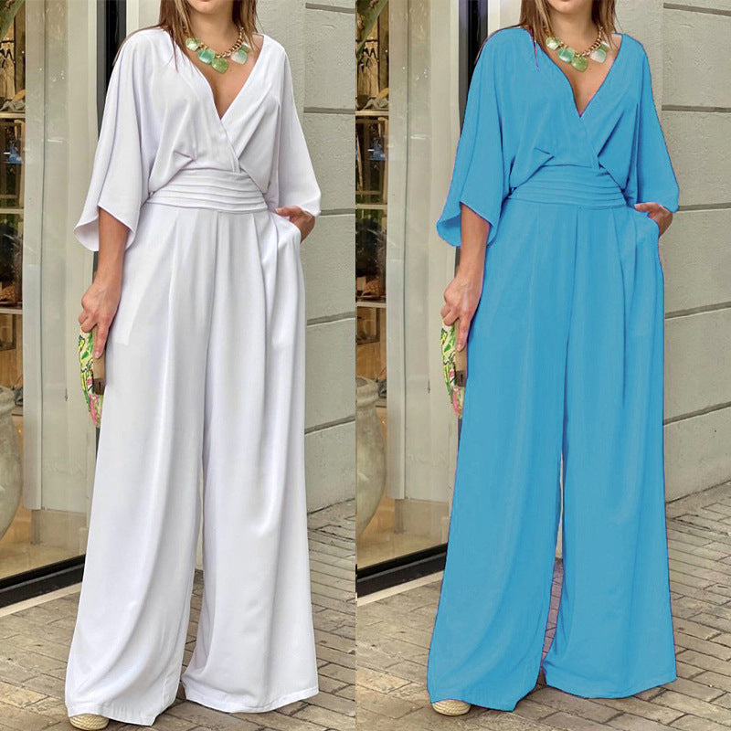 2023 Cross-Border Amazon European and American Women's Clothing Fashion Casual Simple Style Temperament V-neck Loose Fitted Waist Jumpsuit