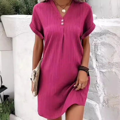 Cross-border European and American women's clothing 2023 new Amazon V-neck solid color pullover comfortable casual button dress