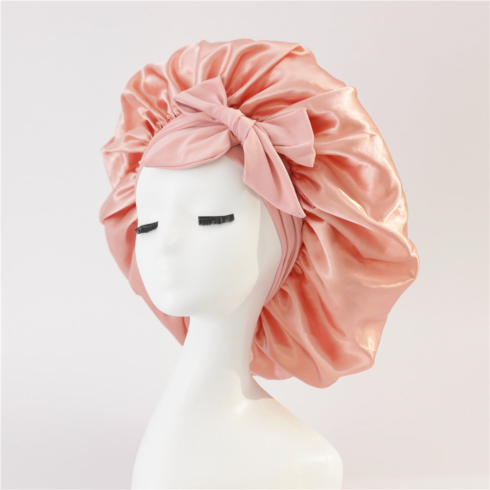 Amazon hot sale satin ribbon round hat bow imitation silk beauty hair care wide brim hat female headscarf sleeping cap