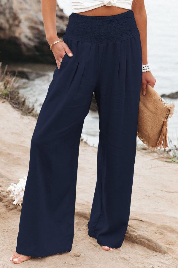 Cross-Border Independent Station Amazon 2023 Spring and Summer Women's Clothing Cotton Linen Pure Color Elastic Waist Wide Leg Pants Casual Pants Trousers