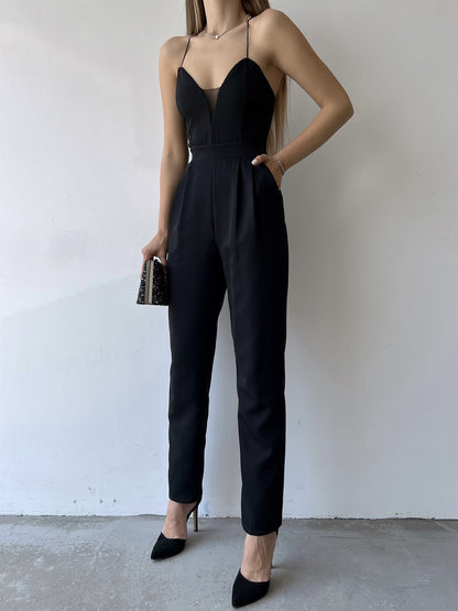 2022 spring and summer new European and American foreign trade women's clothing wish sexy V-neck suspenders slim jumpsuit new spot