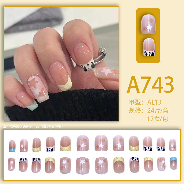 Fresh French flowers, cute ins wind, ice and transparent stars, long style, short style, white, high-end manicure and wearable nails