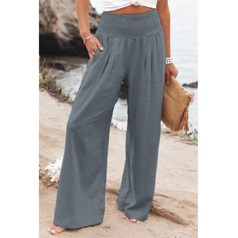 Cross-Border Independent Station Amazon 2023 Spring and Summer Women's Clothing Cotton Linen Pure Color Elastic Waist Wide Leg Pants Casual Pants Trousers