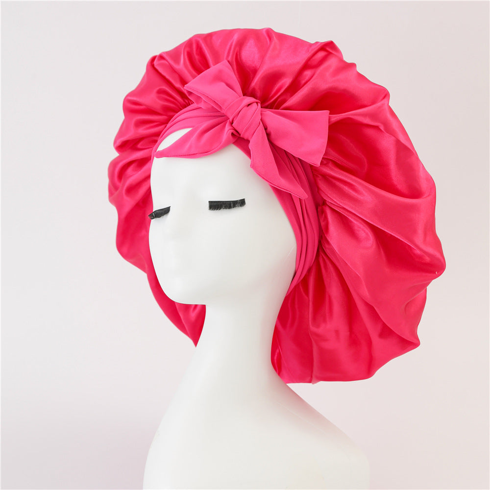 Amazon hot sale satin ribbon round hat bow imitation silk beauty hair care wide brim hat female headscarf sleeping cap