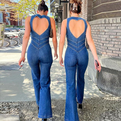 European and American women's clothing 2024 summer new slim fit fashion sleeveless backless high waist flared denim jumpsuit