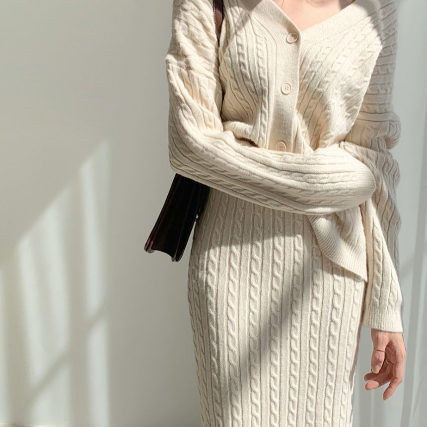 2023 autumn and winter lazy temperament self-cultivation personality knitted sweater women's cardigan coat bag hip knee skirt suit women's clothing