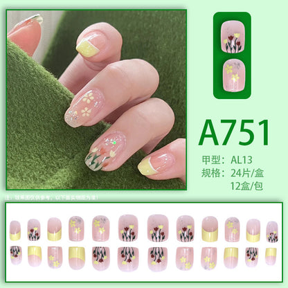 Fresh French flowers, cute ins wind, ice and transparent stars, long style, short style, white, high-end manicure and wearable nails