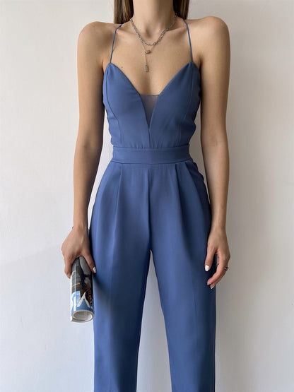 2022 spring and summer new European and American foreign trade women's clothing wish sexy V-neck suspenders slim jumpsuit new spot