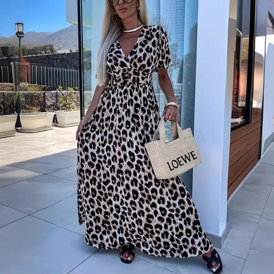 Spring Leopard Print Short Sleeve V-neck Elastic Slit Long