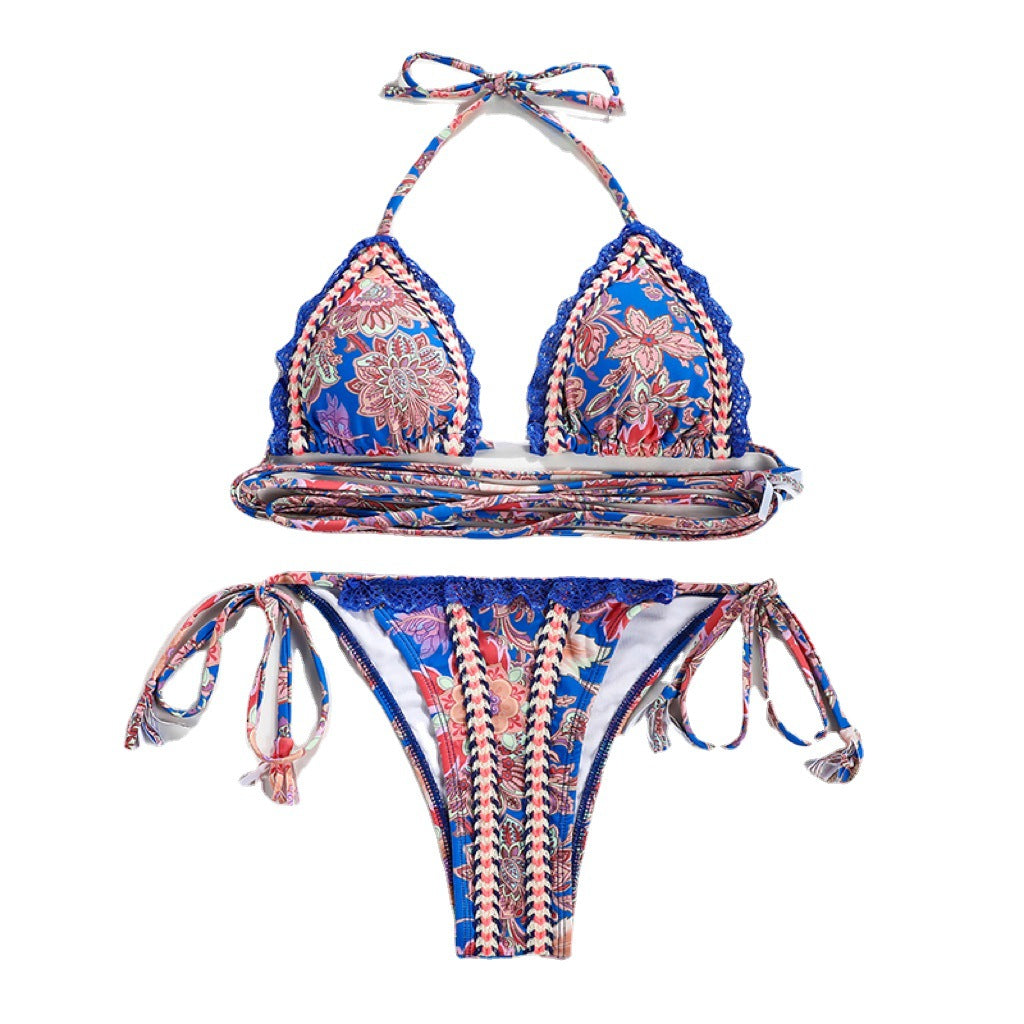 2025 cross-border new split swimsuit female European and American sexy ribbon stitching lace bikini 21060
