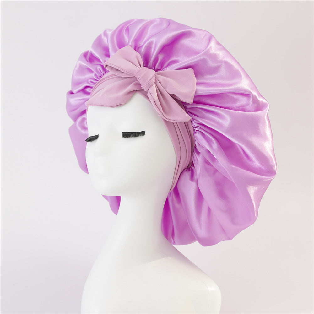 Amazon hot sale satin ribbon round hat bow imitation silk beauty hair care wide brim hat female headscarf sleeping cap