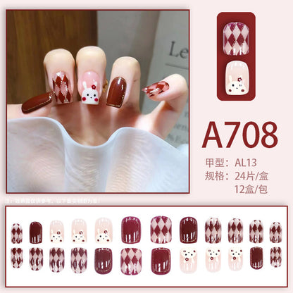 Autumn and winter gentle, sweet and pure desire INS style manicure wear nail polish girl whitening printed ice transparent fake nail polish