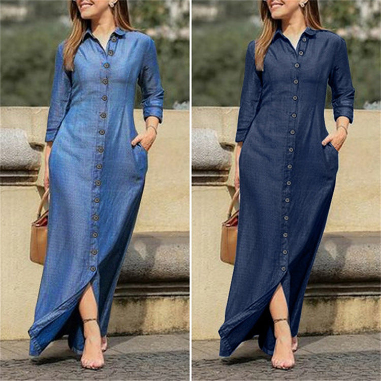 2022 European and American autumn women's clothing temperament elegant fashion neutral style long-sleeved lapel cardigan solid color long denim skirt