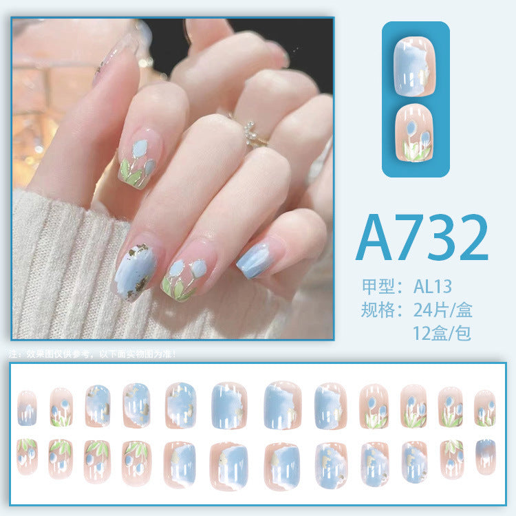 Fresh French flowers, cute ins wind, ice and transparent stars, long style, short style, white, high-end manicure and wearable nails