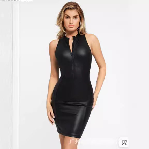 European and American women's clothing 2024 spring and summer new sexy American sleeveless hip-wrapped slim fit high elastic temperament leather dress