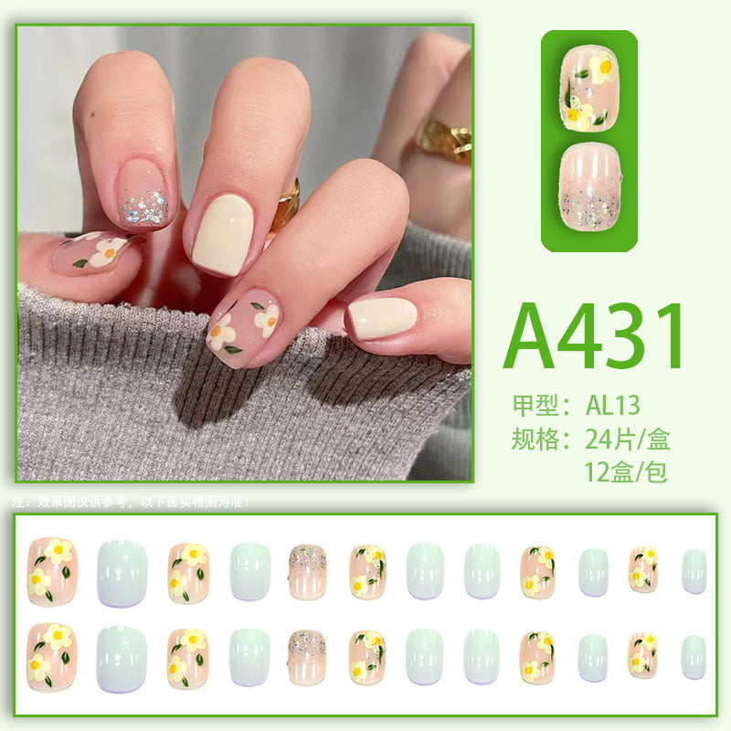 Wearable manicure nail pieces blooming French ins Aurora removable fake nails bow frosted ice transparent small clear