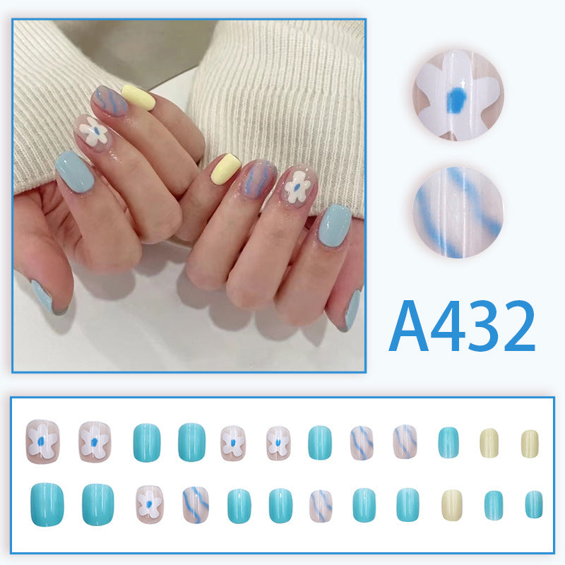 Wearable manicure nail pieces blooming French ins Aurora removable fake nails bow frosted ice transparent small clear