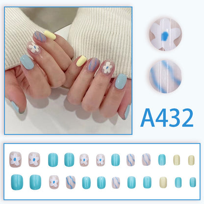 Wearable manicure nail pieces blooming French ins Aurora removable fake nails bow frosted ice transparent small clear