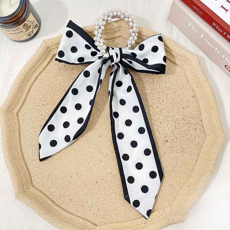 Pearl scarf headband female hair ring streamer net celebrity 2021 new summer thin hair tie ribbon headdress hair rope