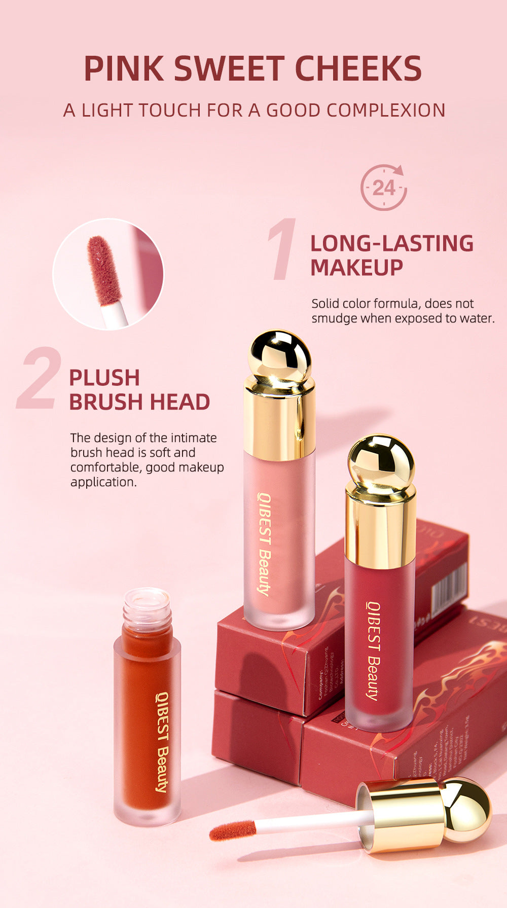 QiBest liquid blush, silky and natural makeup, brightening, moisturizing rouge blush, not easy to fade, rouge powder cream