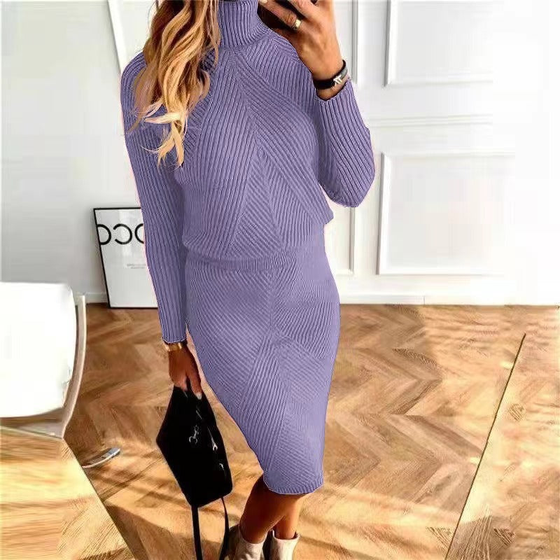 2023 Amazon wish new autumn and winter women's clothing European and American turtleneck knitted solid color pullover sweater suit skirt