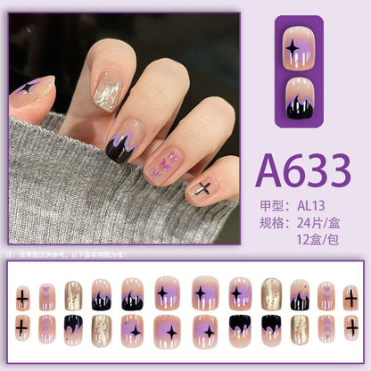 Summer and autumn gentle and simple pure lust style wearable nail patches printed solid color French style removable manicure fake nail patches wholesale