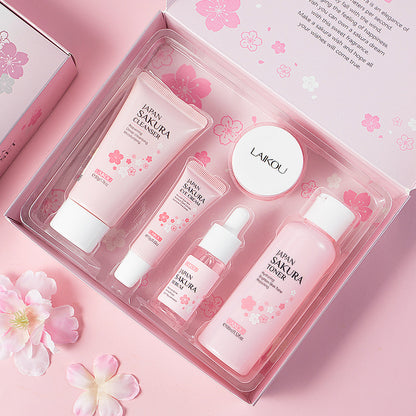 Cross-border LAIKOU Cherry Blossom Skin Care Gift Box 5-Piece Set Essence Cream Brightening Water Facial Cleanser Moisturizing and Hydrating