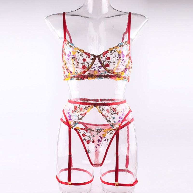 Cross-border supply of sexy embroidered beautiful small floral color matching bra garter five-piece sexy lingerie set