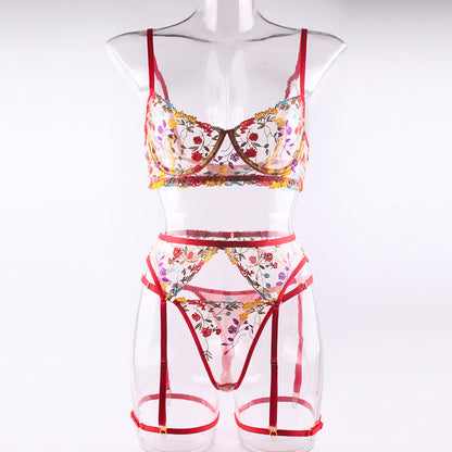 Cross-border supply of sexy embroidered beautiful small floral color matching bra garter five-piece sexy lingerie set